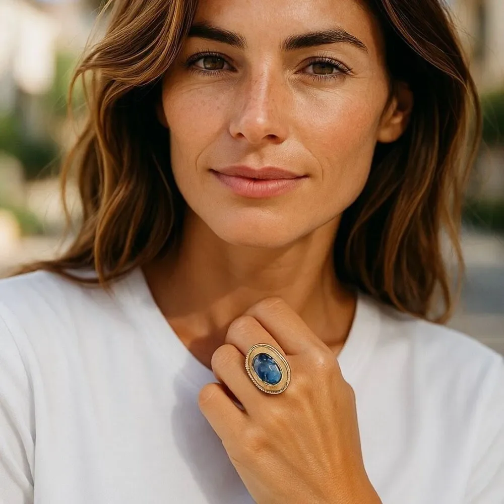 Stunning Sodalite Statement Boho Silver Ring Oval Framed Size 8.5 New